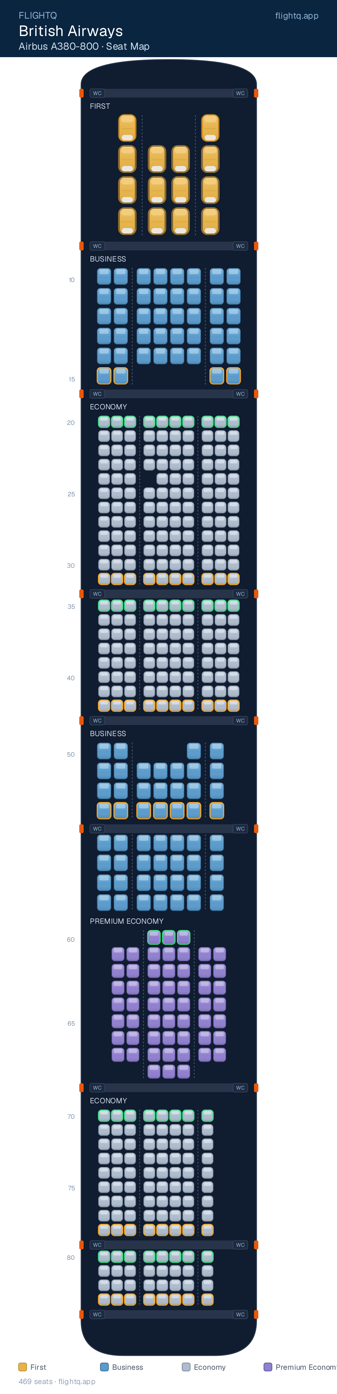 British Airways Airbus A380-800 seat map with 469 seats across 4 cabins — best seats and rows to avoid