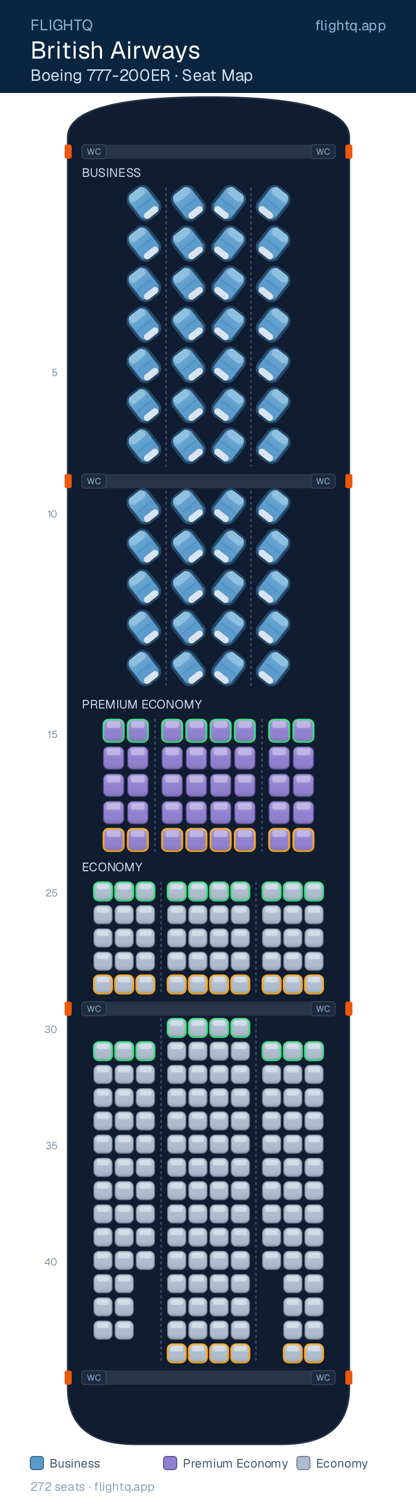 British Airways Boeing 777-200 seat map with 272 seats across 3 cabins — best seats and rows to avoid