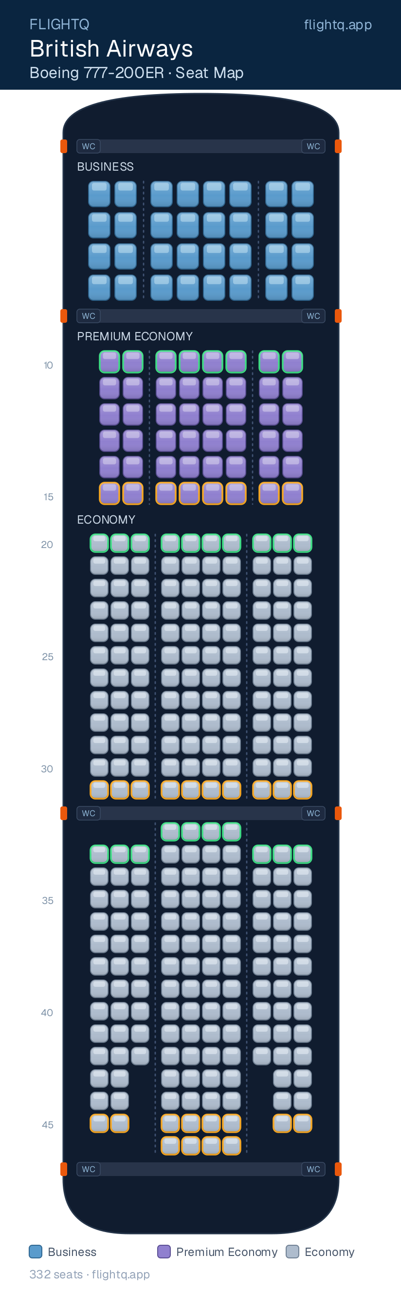 British Airways Boeing 777-200 seat map with 332 seats across 3 cabins — best seats and rows to avoid