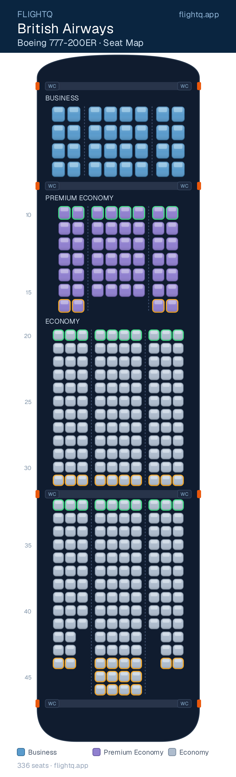 British Airways Boeing 777-200 seat map with 336 seats across 3 cabins — best seats and rows to avoid