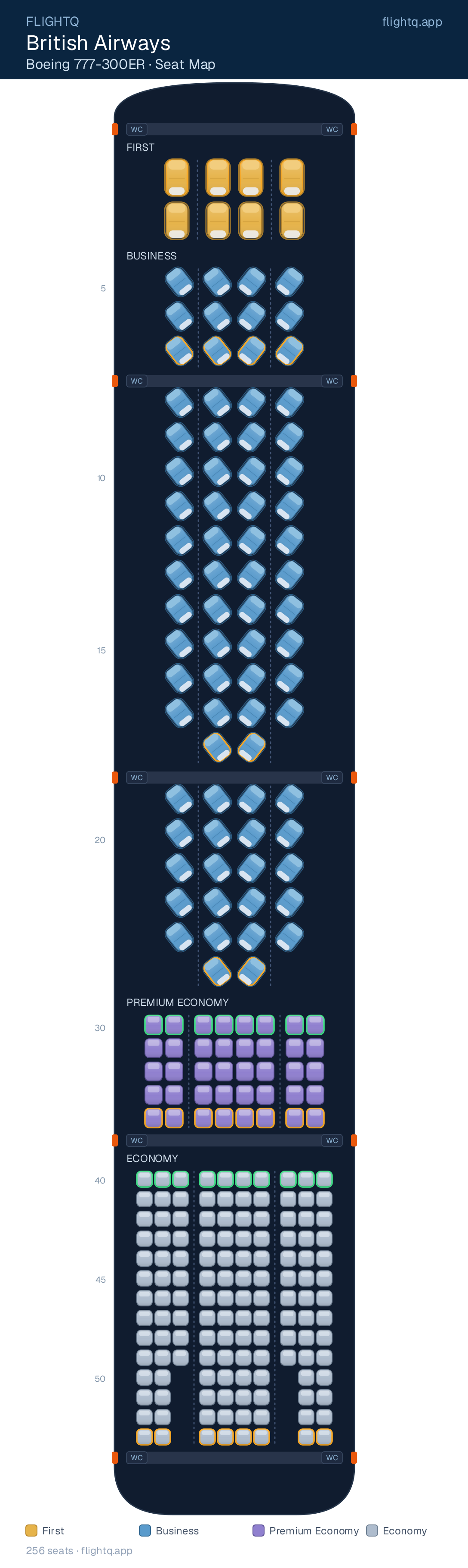 British Airways Boeing 777-300ER seat map with 256 seats across 4 cabins — best seats and rows to avoid