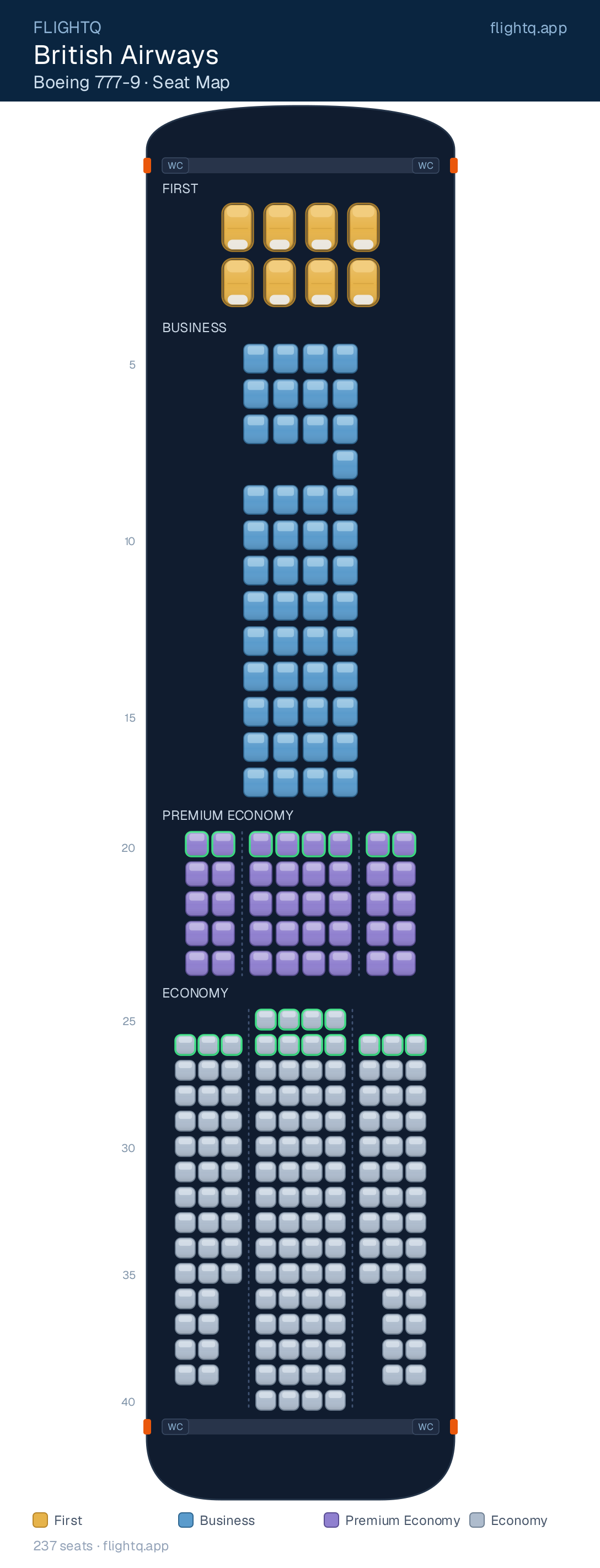 British Airways Boeing 777-9 seat map with 237 seats across 4 cabins — best seats and rows to avoid