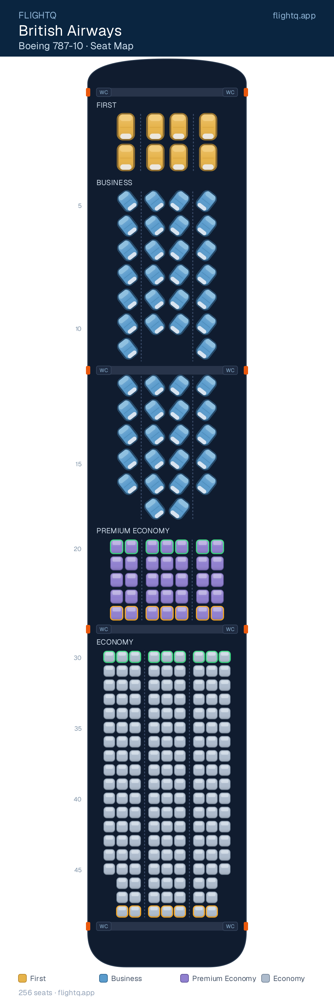 British Airways Boeing 787-10 Dreamliner seat map with 256 seats across 4 cabins — best seats and rows to avoid