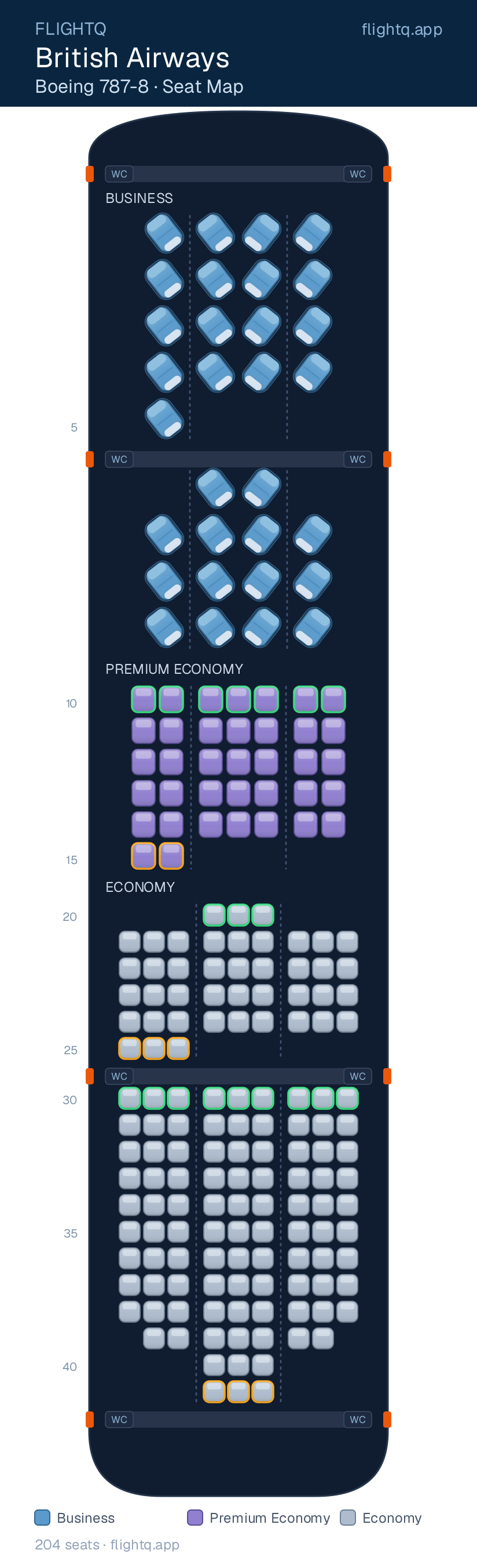 British Airways Boeing 787-8 Dreamliner seat map with 204 seats across 3 cabins — best seats and rows to avoid