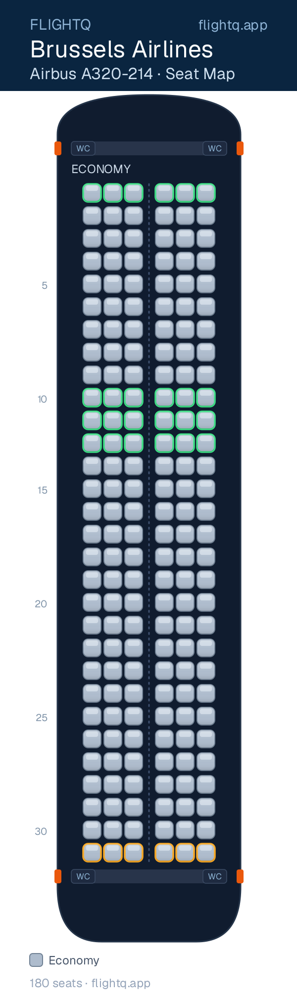 Brussels Airlines Airbus A320 seat map with 180 seats — best seats and rows to avoid
