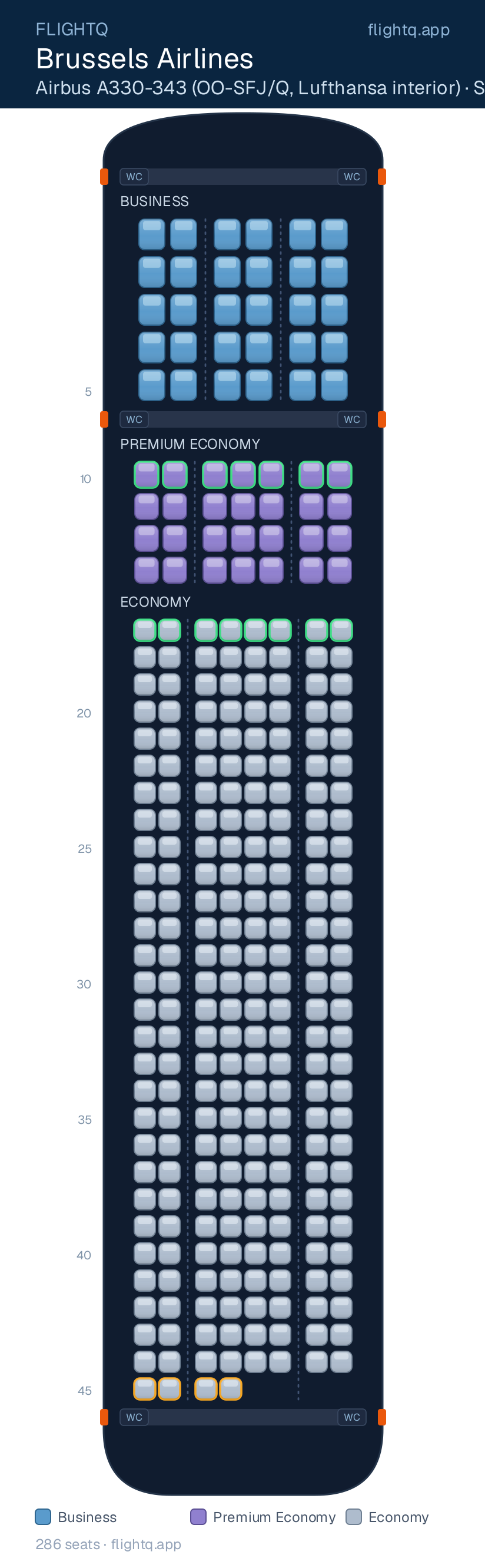 Brussels Airlines Airbus A330-300 seat map with 286 seats across 3 cabins — best seats and rows to avoid
