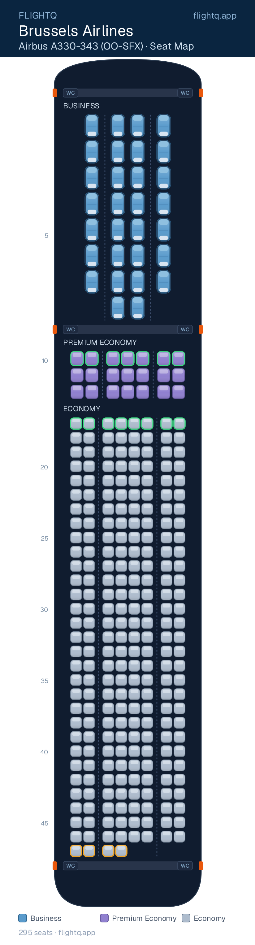 Brussels Airlines Airbus A330-300 seat map with 295 seats across 3 cabins — best seats and rows to avoid