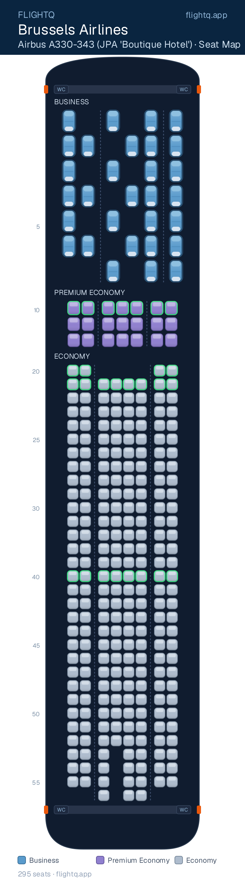 Brussels Airlines Airbus A330-300 seat map with 295 seats across 3 cabins — best seats and rows to avoid
