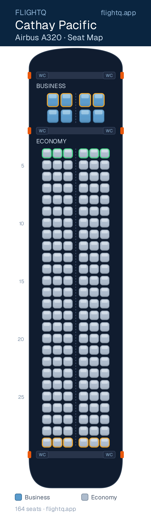 Cathay Pacific Airbus A320 seat map with 164 seats across 2 cabins — rows to avoid