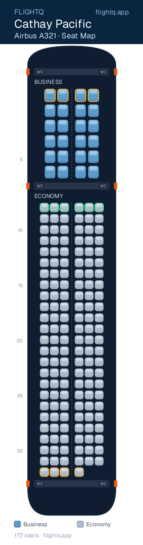 Cathay Pacific Airbus A321 seat map with 172 seats across 2 cabins — best seats and rows to avoid