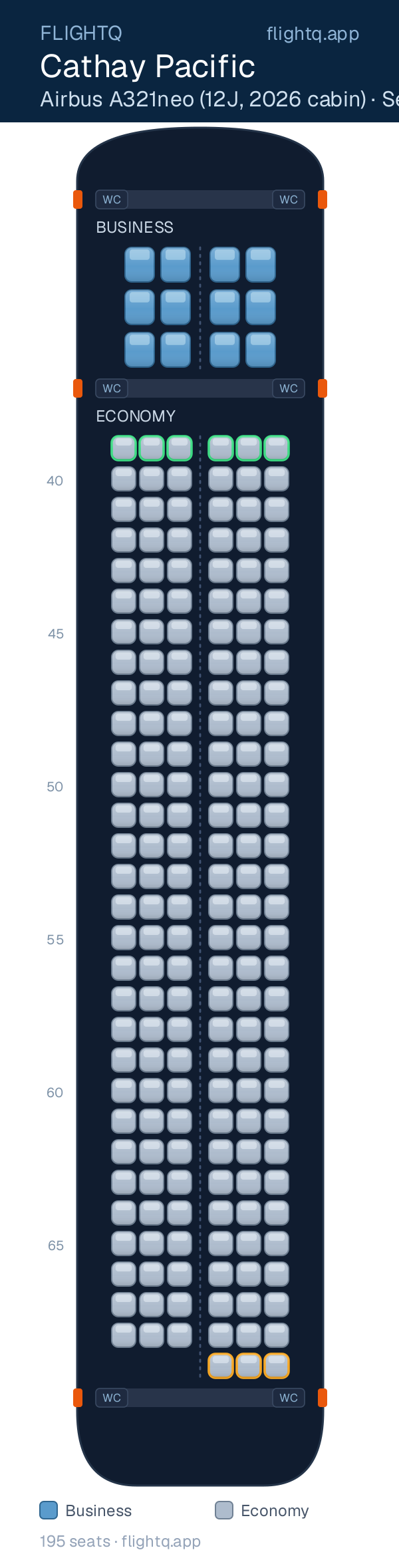 Cathay Pacific Airbus A321neo seat map with 195 seats across 2 cabins — best seats and rows to avoid