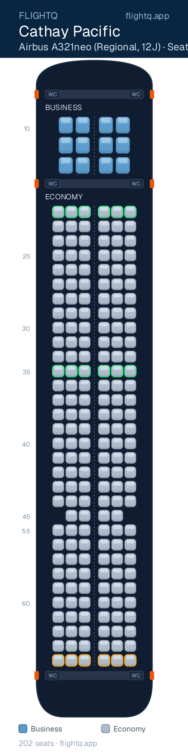 Cathay Pacific Airbus A321neo seat map with 202 seats across 2 cabins — best seats and rows to avoid