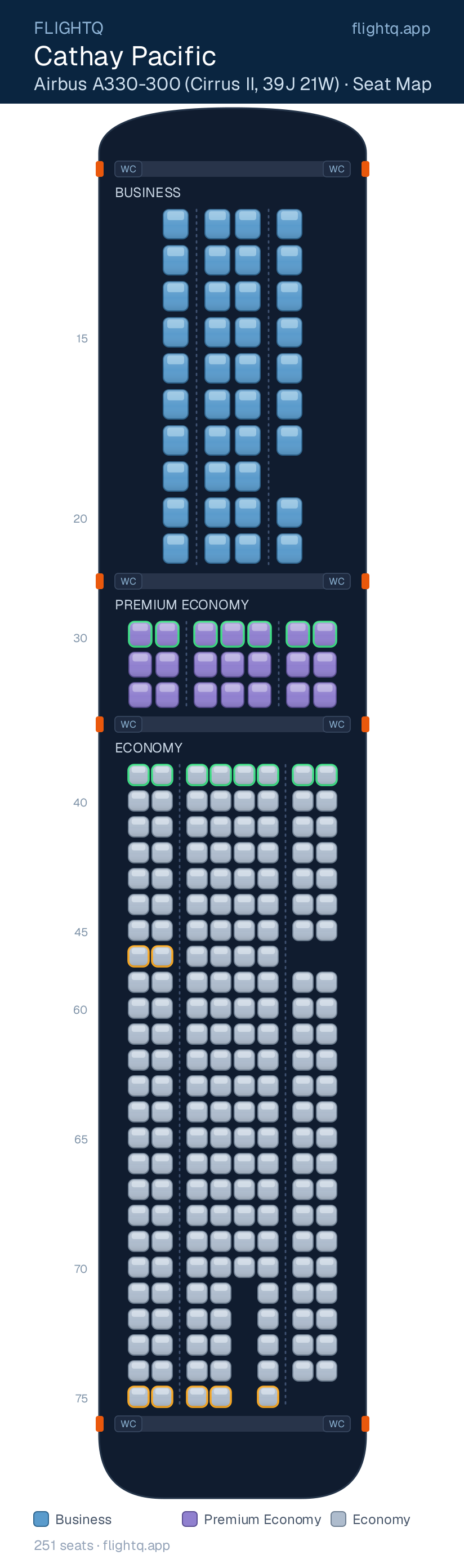 Cathay Pacific Airbus A330-300 seat map with 251 seats across 3 cabins — best seats and rows to avoid