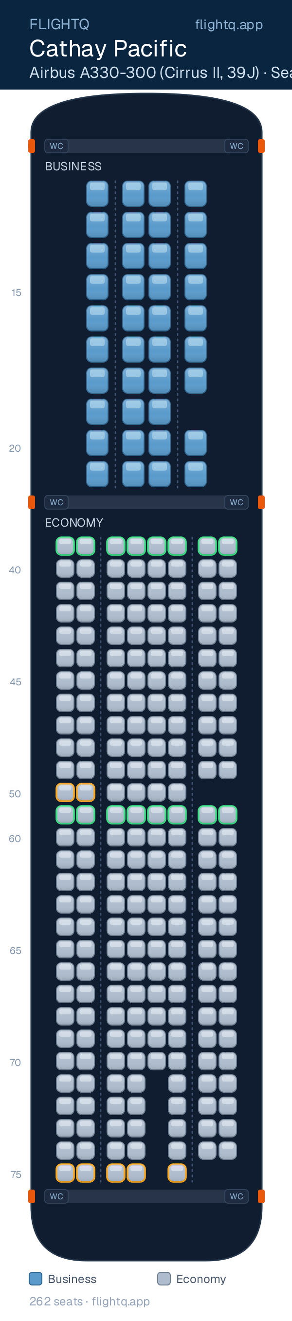 Cathay Pacific Airbus A330-300 seat map with 262 seats across 2 cabins — best seats and rows to avoid