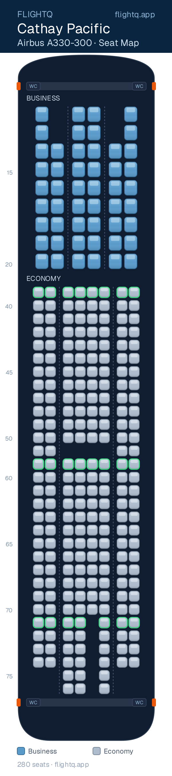Cathay Pacific Airbus A330-300 seat map with 280 seats across 2 cabins — best seats and rows to avoid