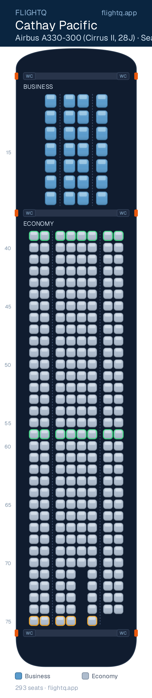 Cathay Pacific Airbus A330-300 seat map with 293 seats across 2 cabins — best seats and rows to avoid