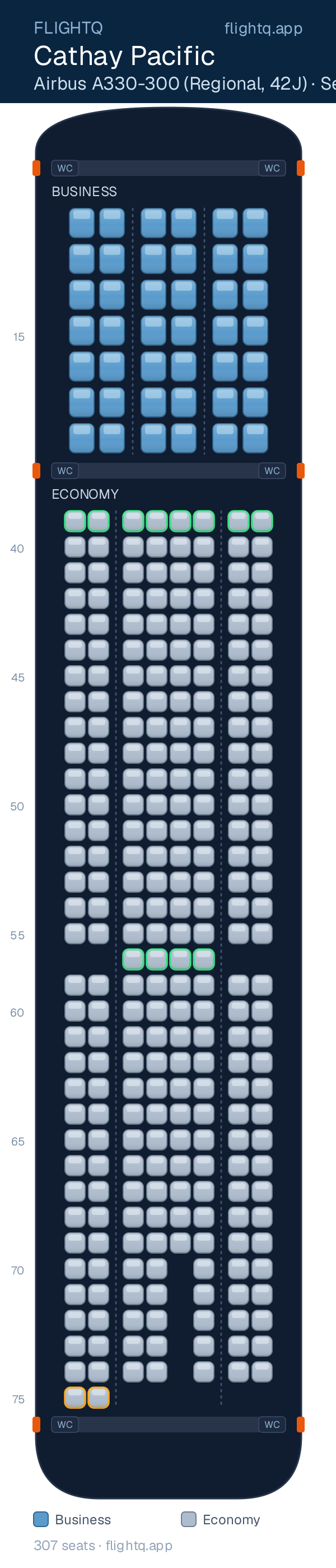 Cathay Pacific Airbus A330-300 seat map with 307 seats across 2 cabins — best seats and rows to avoid