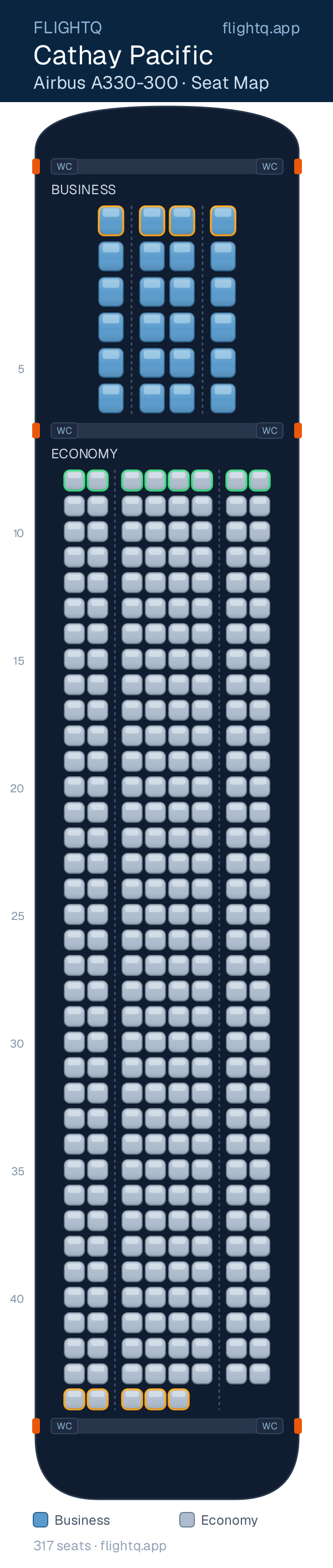 Cathay Pacific Airbus A330-300 seat map with 317 seats across 2 cabins — best seats and rows to avoid