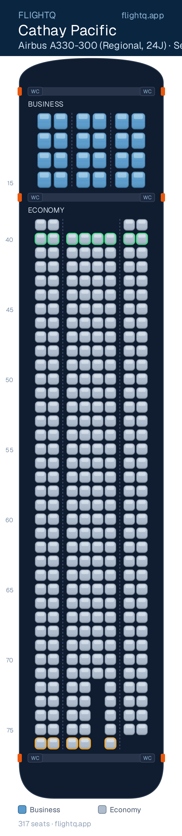 Cathay Pacific Airbus A330-300 seat map with 317 seats across 2 cabins — best seats and rows to avoid