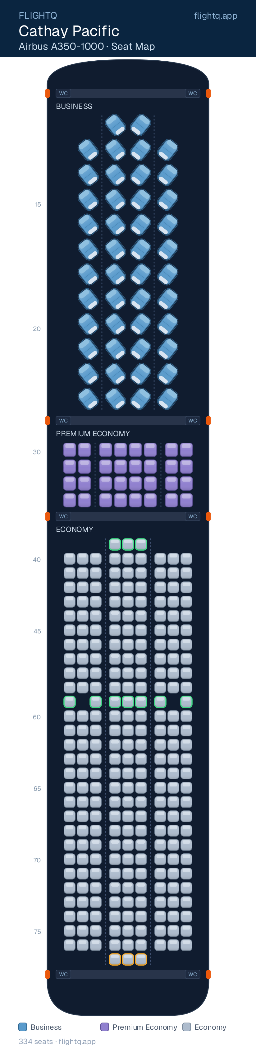 Cathay Pacific Airbus A350-1000 seat map with 334 seats across 3 cabins — best seats and rows to avoid