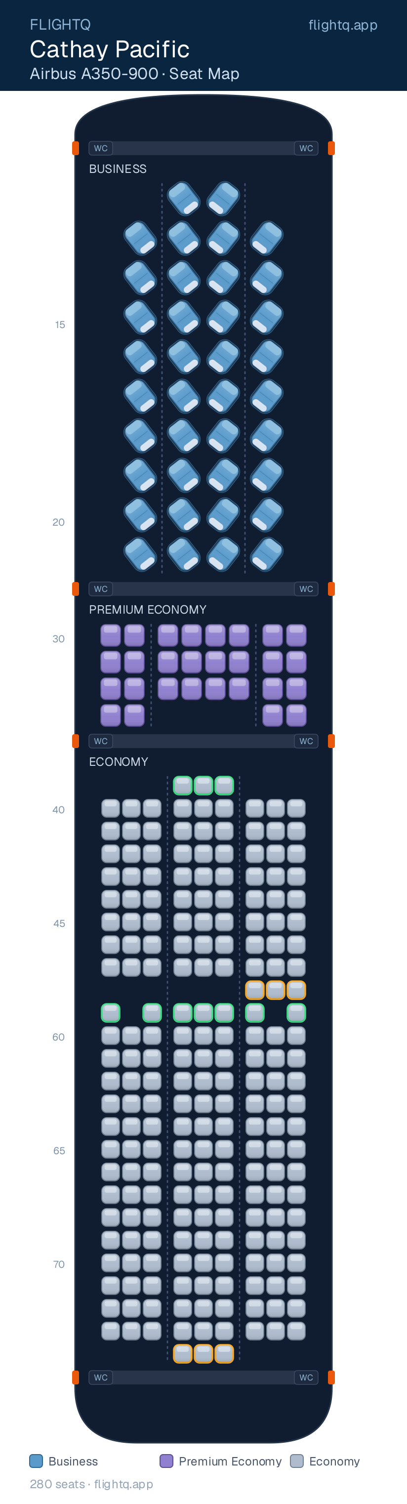 Cathay Pacific Airbus A350-900 seat map with 280 seats across 3 cabins — best seats and rows to avoid