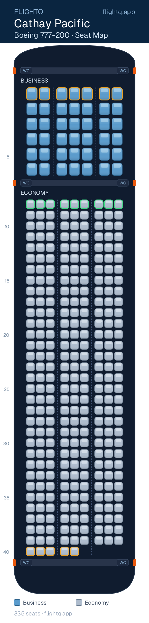 Cathay Pacific Boeing 777-200 seat map with 335 seats across 2 cabins — best seats and rows to avoid