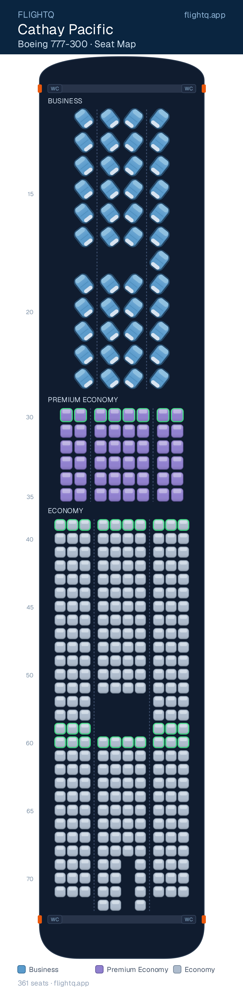 Cathay Pacific Boeing 777-300ER seat map with 361 seats across 3 cabins — best seats and rows to avoid
