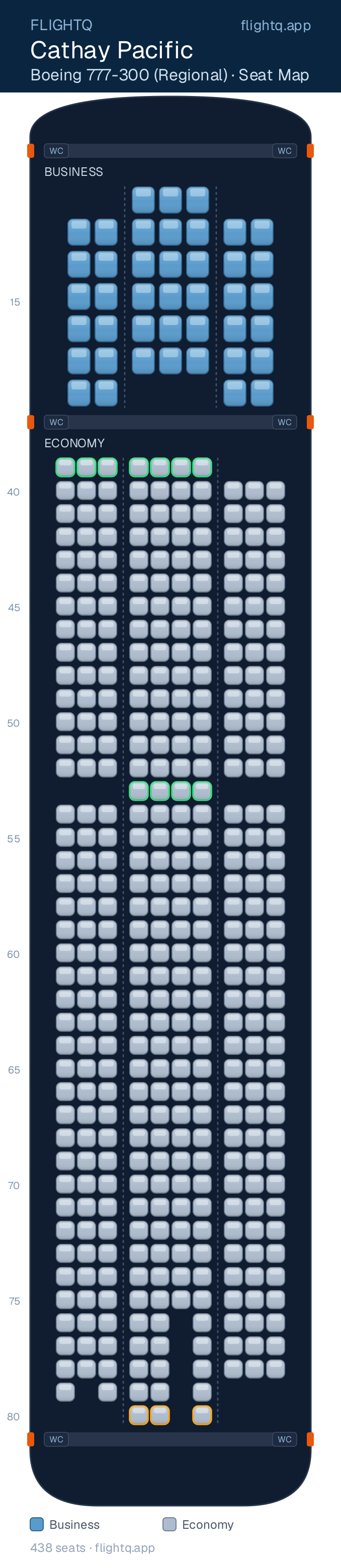 Cathay Pacific Boeing 777-300ER seat map with 438 seats across 2 cabins — best seats and rows to avoid