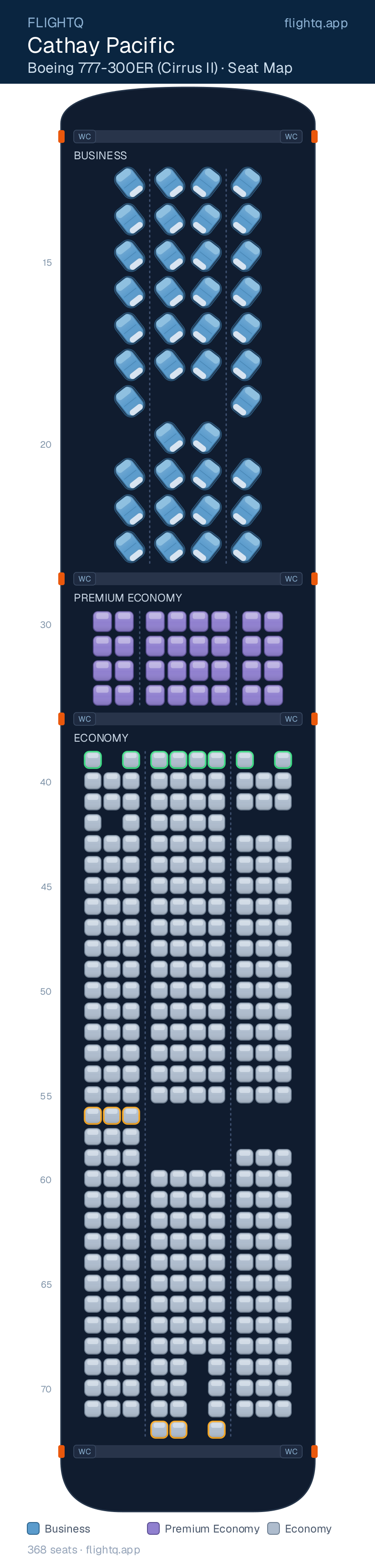 Cathay Pacific Boeing 777-300ER (Cirrus II) seat map with 368 seats across 3 cabins — best seats and rows to avoid