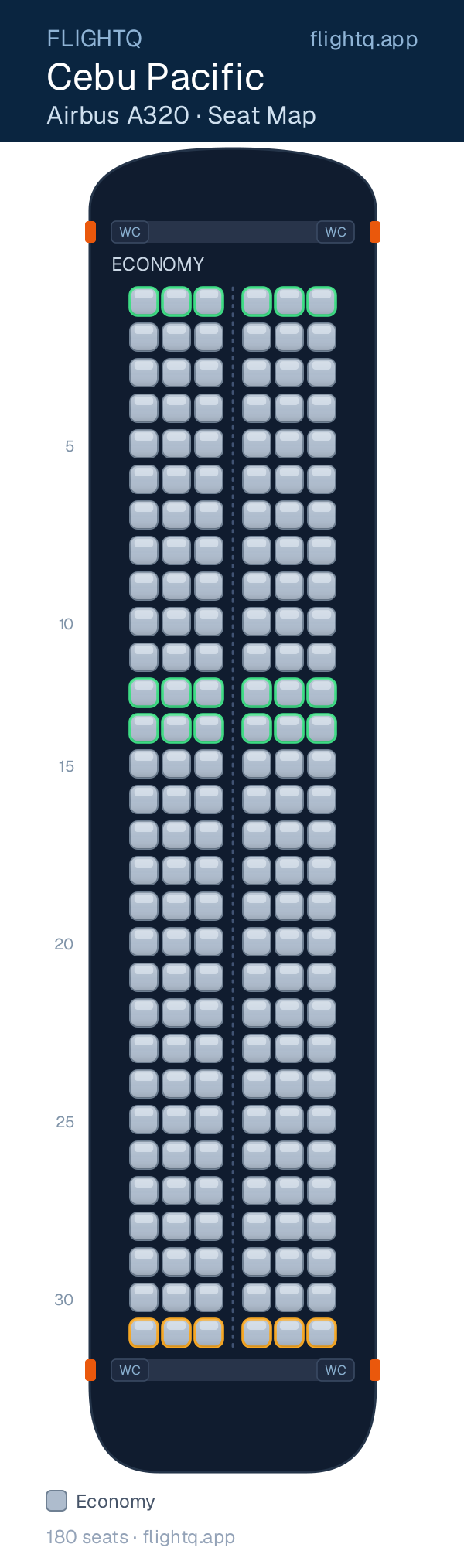 Cebu Pacific Airbus A320 seat map with 180 seats — best seats and rows to avoid