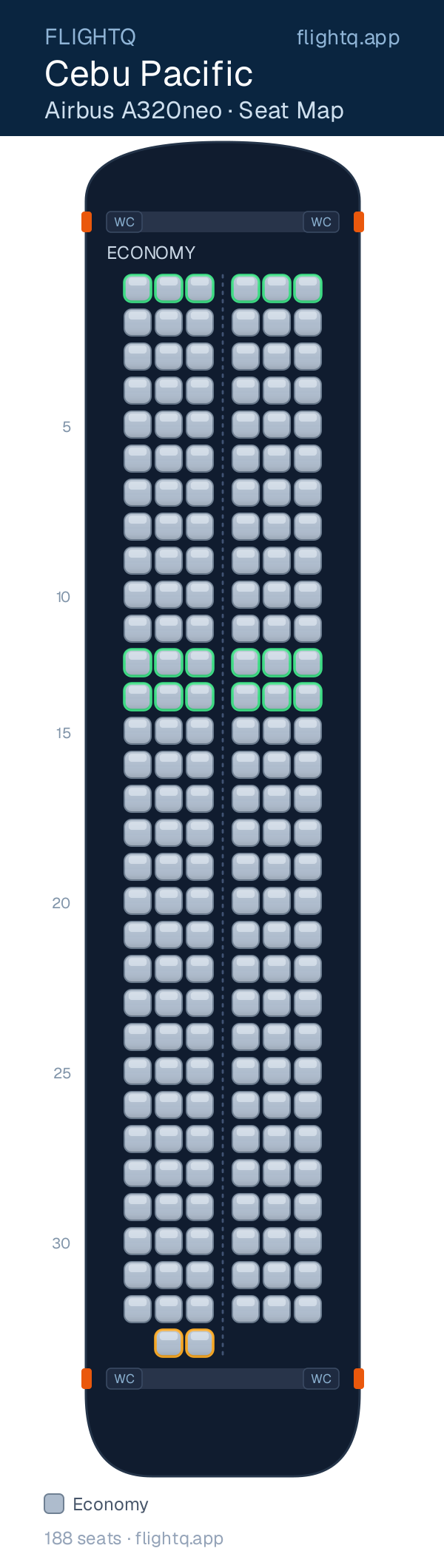 Cebu Pacific Airbus A320neo seat map with 188 seats — best seats and rows to avoid