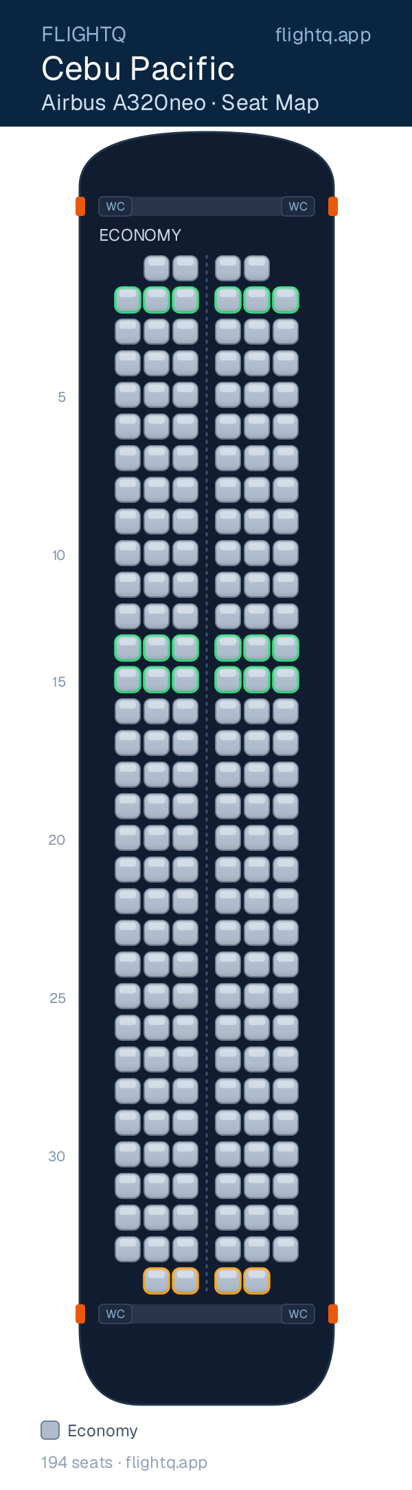 Cebu Pacific Airbus A320neo seat map with 194 seats — best seats and rows to avoid