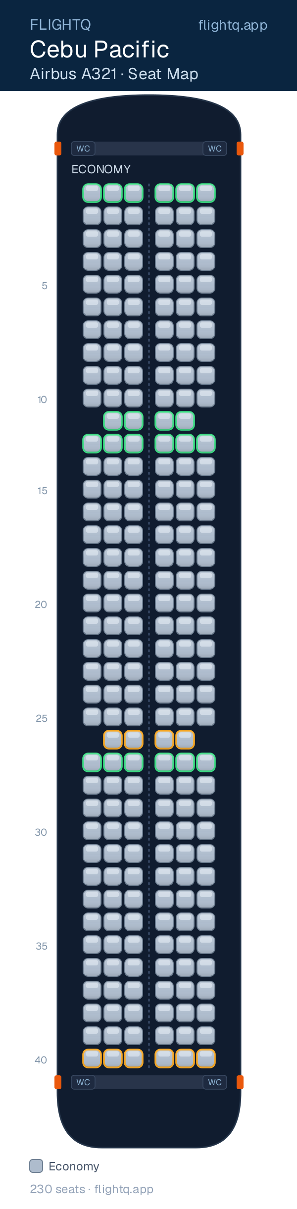 Cebu Pacific Airbus A321 seat map with 230 seats — best seats and rows to avoid