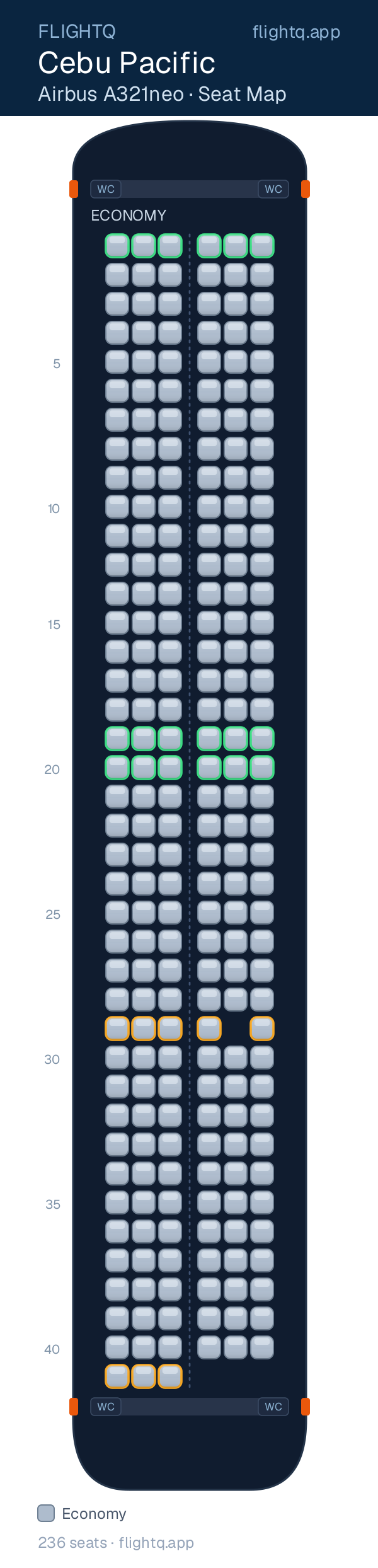 Cebu Pacific Airbus A321neo seat map with 236 seats — best seats and rows to avoid
