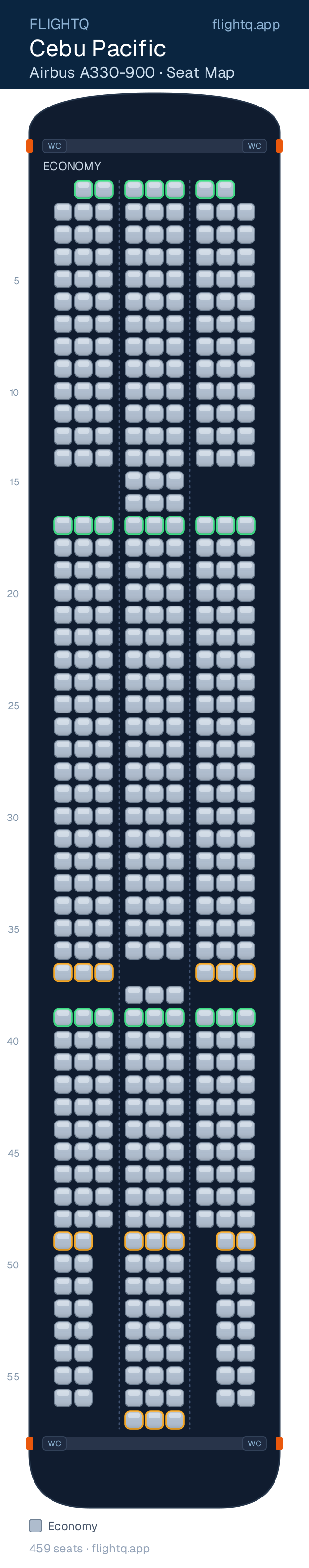 Cebu Pacific Airbus A330-900neo seat map with 459 seats — best seats and rows to avoid