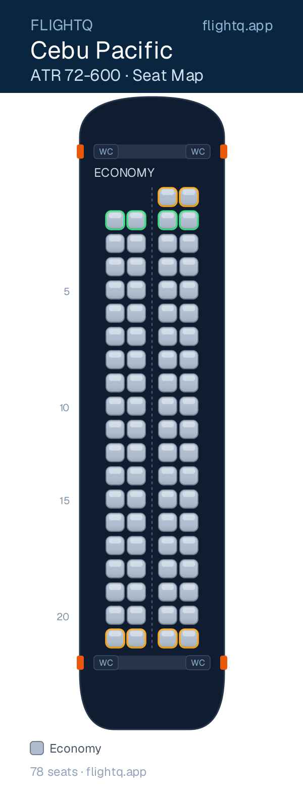 Cebu Pacific ATR 72 seat map with 78 seats — best seats and rows to avoid
