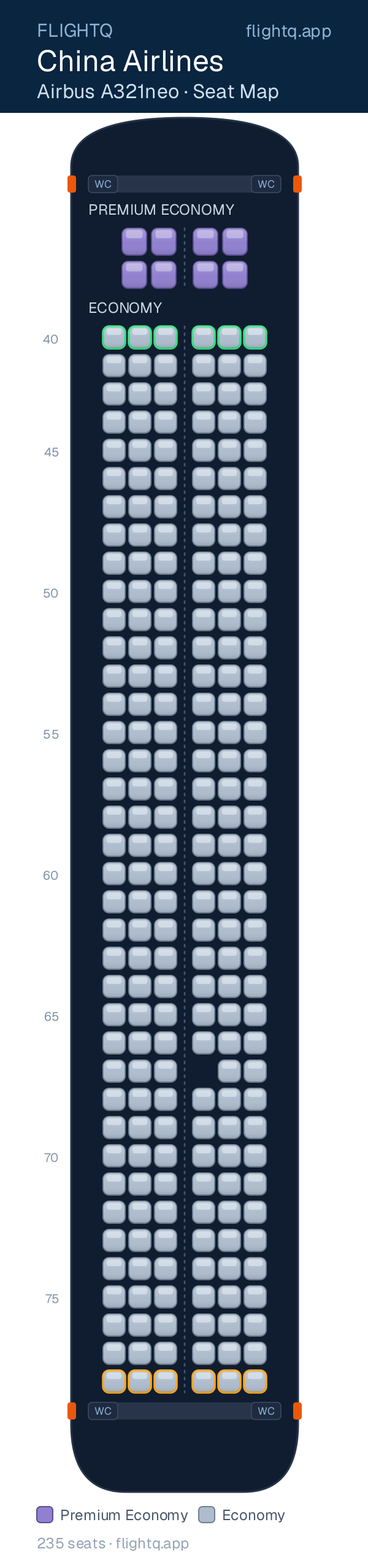 China Airlines Airbus A321neo seat map with 235 seats across 2 cabins — best seats and rows to avoid