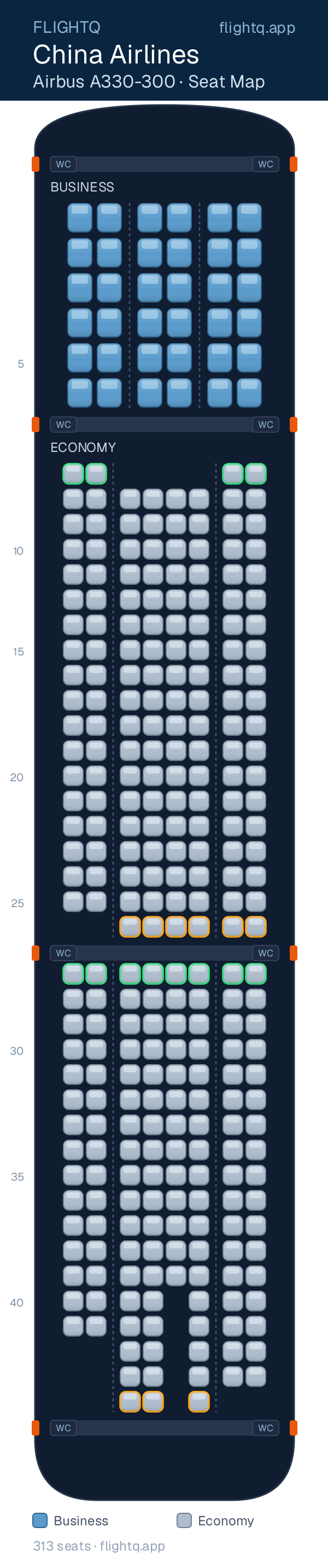 China Airlines Airbus A330-300 seat map with 313 seats across 2 cabins — best seats and rows to avoid