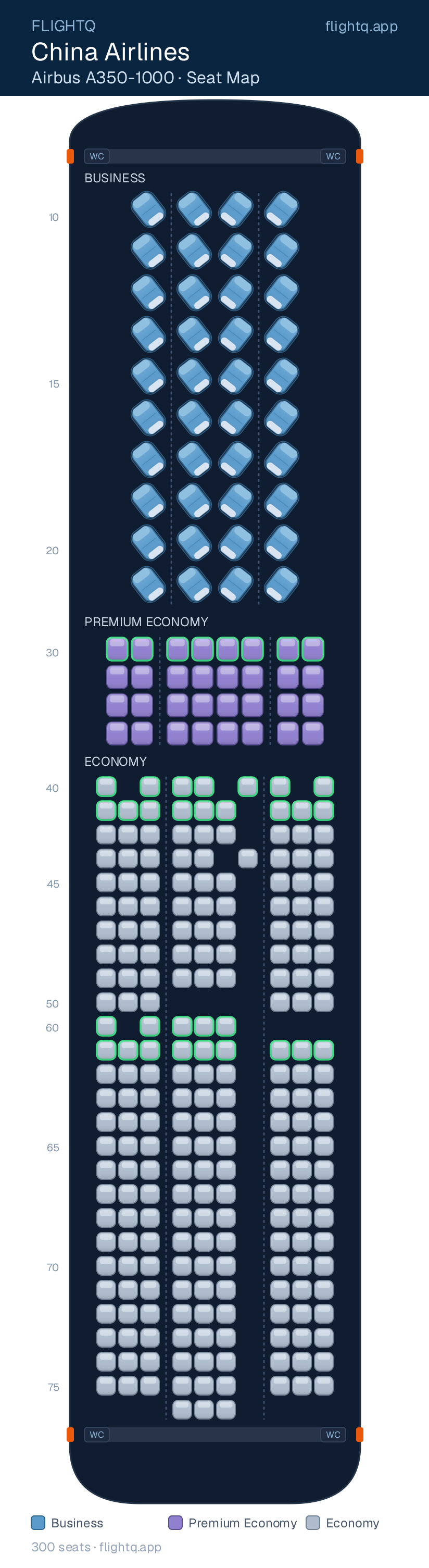 China Airlines Airbus A350-1000 seat map with 300 seats across 3 cabins — best seats and rows to avoid