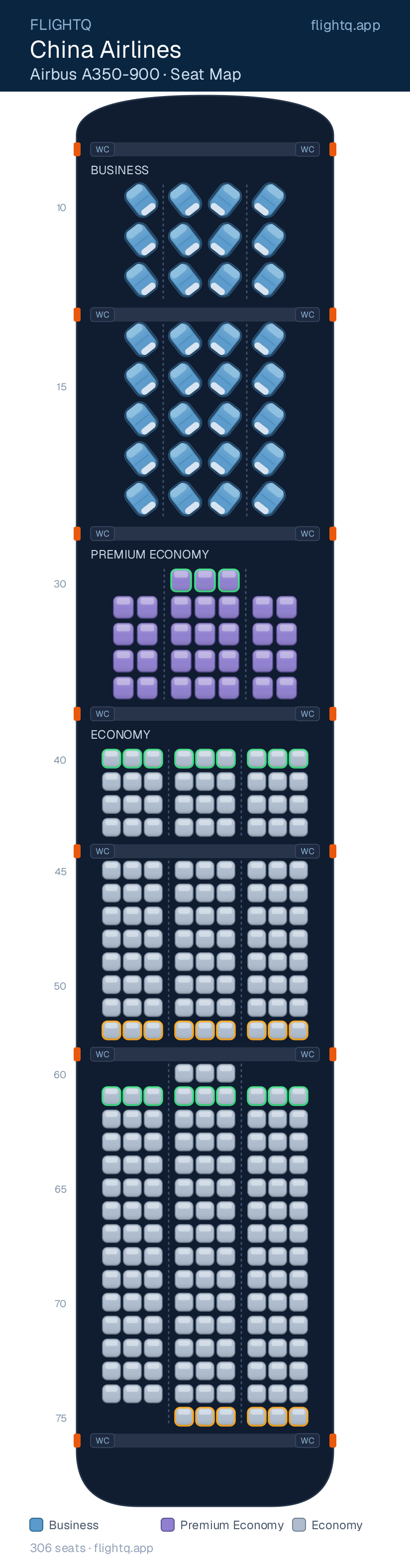 China Airlines Airbus A350-900 seat map with 306 seats across 3 cabins — best seats and rows to avoid