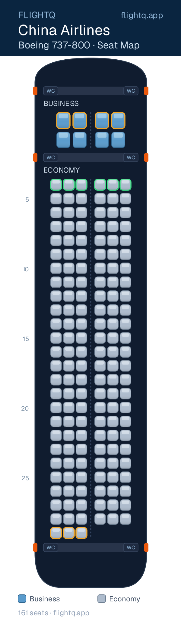 China Airlines Boeing 737-800 seat map with 161 seats across 2 cabins — best seats and rows to avoid