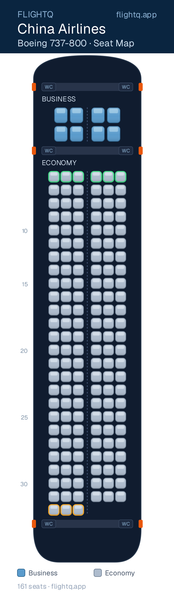 China Airlines Boeing 737-800 seat map with 161 seats across 2 cabins — best seats and rows to avoid