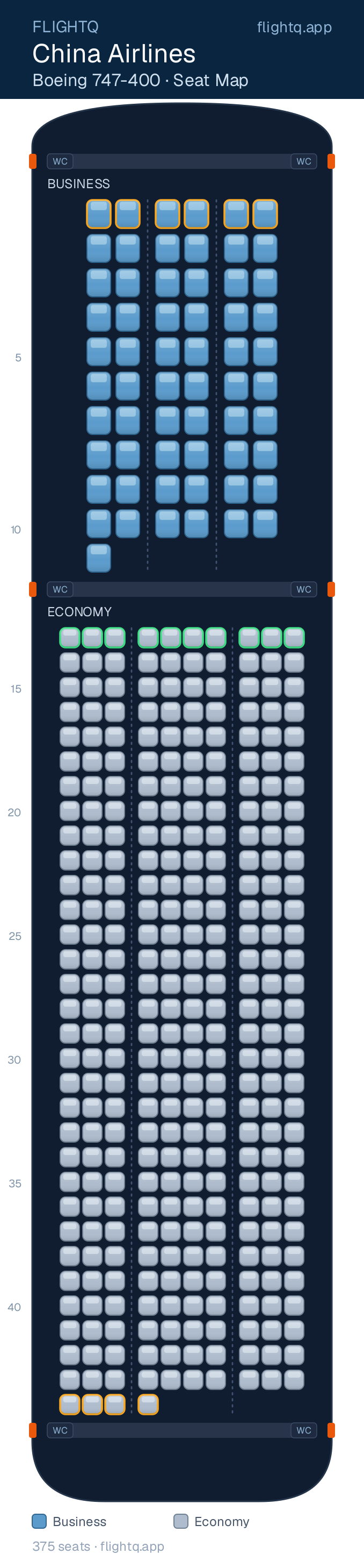 China Airlines Boeing 747-400 seat map with 375 seats across 2 cabins — best seats and rows to avoid