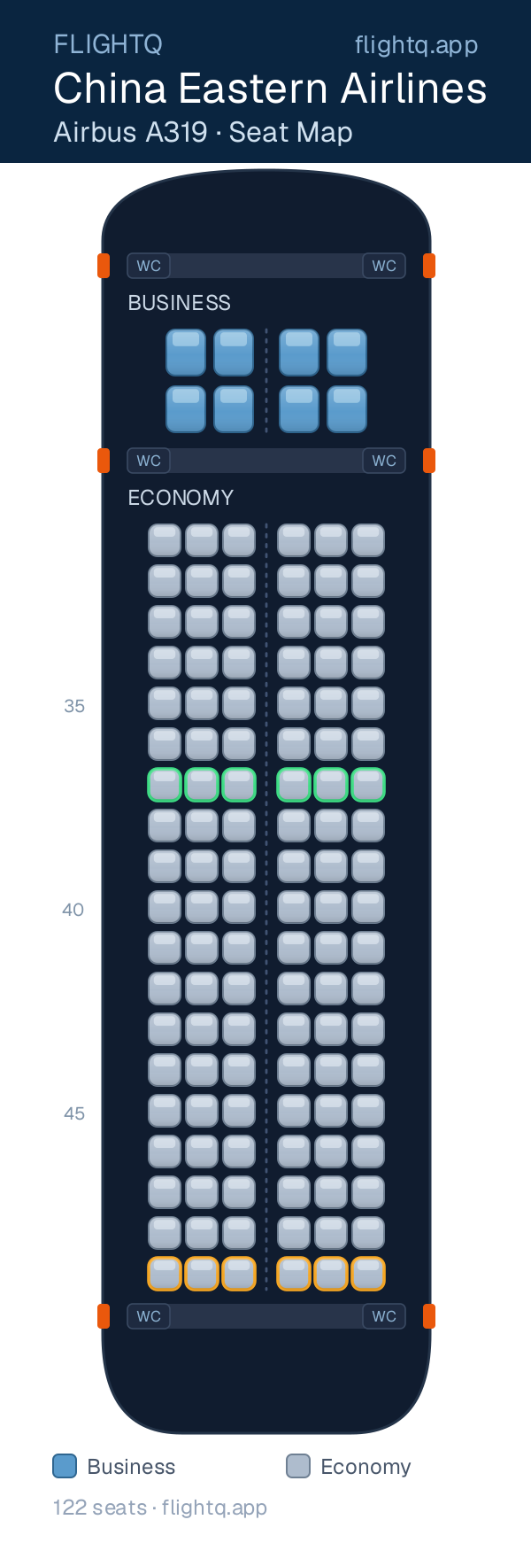China Eastern Airlines Airbus A319 seat map with 122 seats across 2 cabins — best seats and rows to avoid