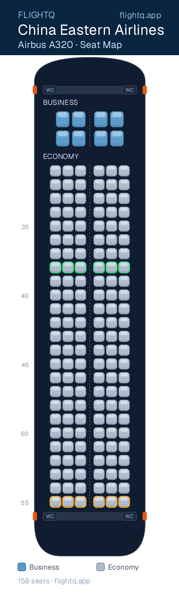 China Eastern Airlines Airbus A320 seat map with 158 seats across 2 cabins — best seats and rows to avoid
