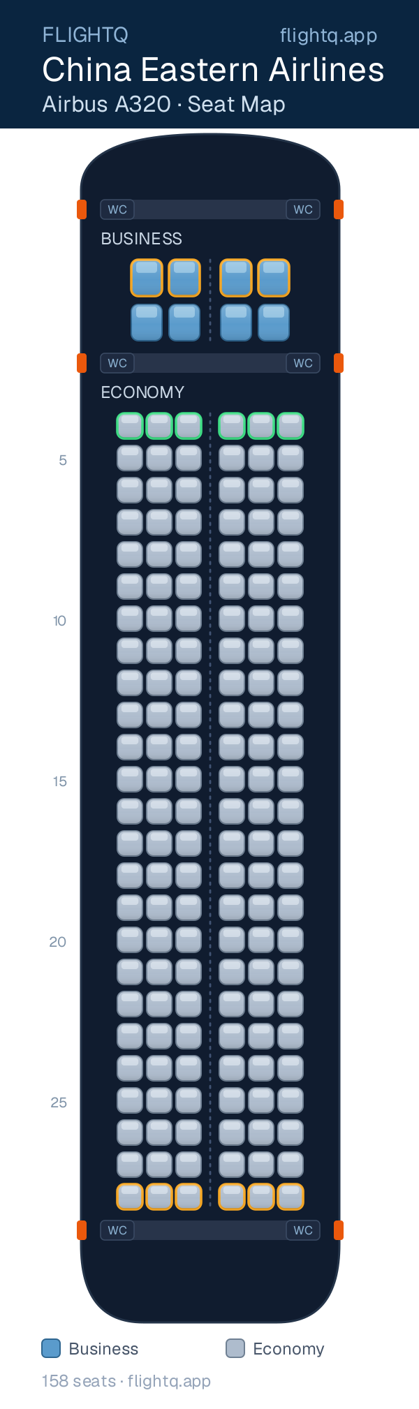 China Eastern Airlines Airbus A320 seat map with 158 seats across 2 cabins — best seats and rows to avoid