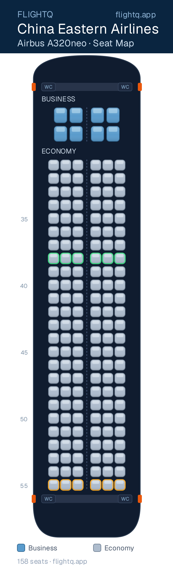 China Eastern Airlines Airbus A320neo seat map with 158 seats across 2 cabins — best seats and rows to avoid