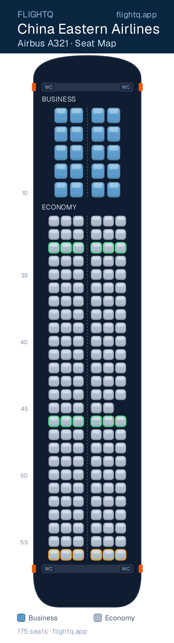 China Eastern Airlines Airbus A321 seat map with 175 seats across 2 cabins — best seats and rows to avoid