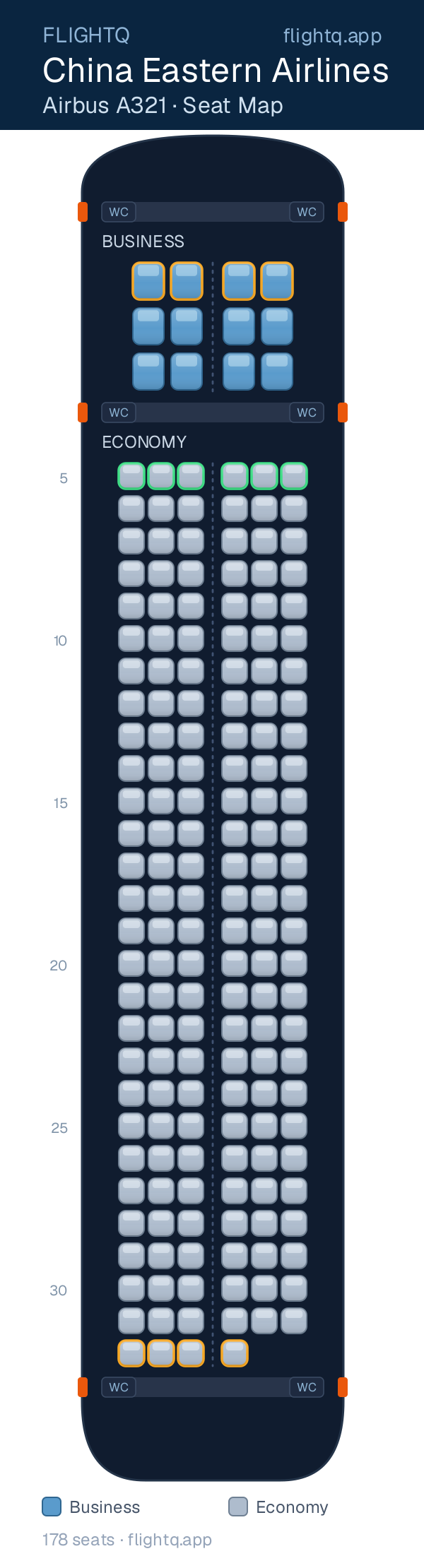 China Eastern Airlines Airbus A321 seat map with 178 seats across 2 cabins — best seats and rows to avoid