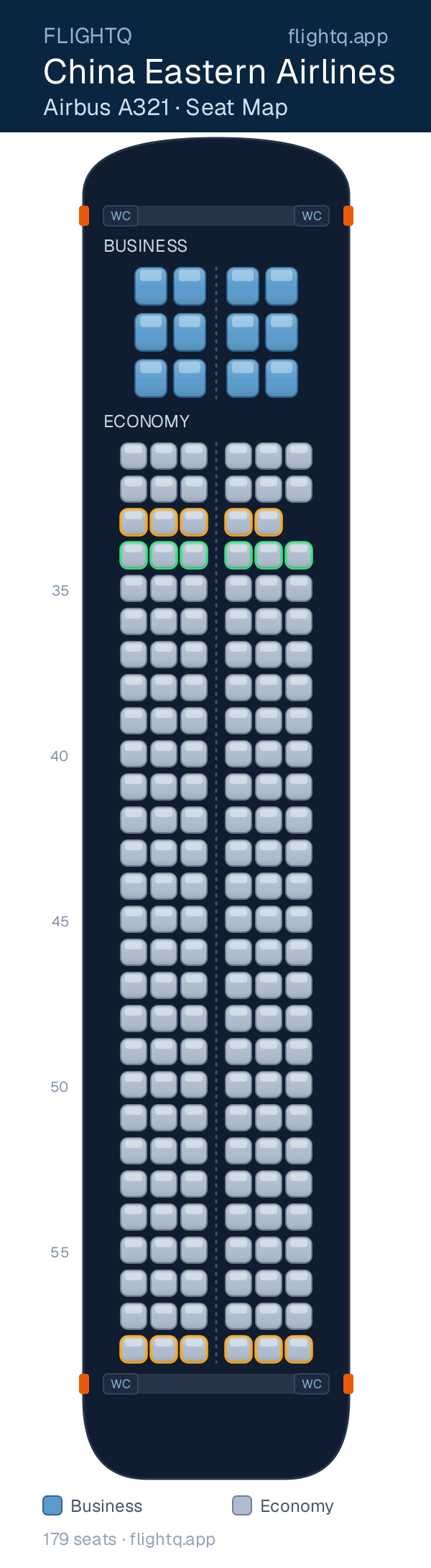 China Eastern Airlines Airbus A321 seat map with 179 seats across 2 cabins — best seats and rows to avoid
